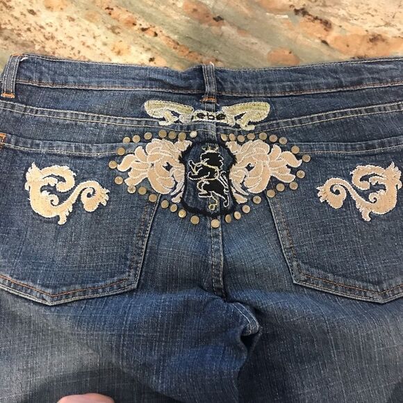 BEBE Y2K lower rise flare jeans with embroidery patch detail on back. - Picture 2 of 4